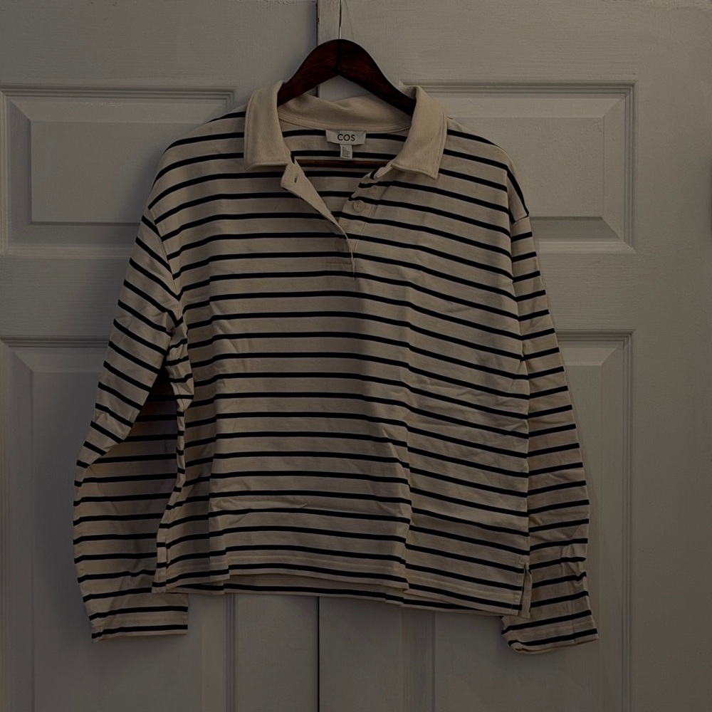COS Beige and Black Striped Polo Shirt